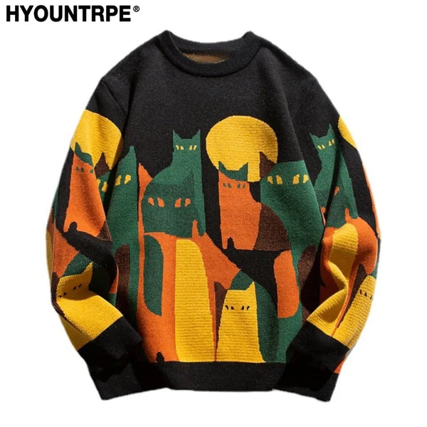 fashion knitted sweater mens autumn winter o neck cats pattern pullover streetwear unisex casual loose sweaters jumper knitwear - gothic aesthetic hoodie for winter, high quality cotton hoodie, 2025 streetwear drop