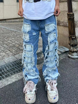 fashion destroyed ripped tassel holes denim jean pants mens casual loose straight baggy y2k jeans hip hop streetwear joggers unique joggers style 12