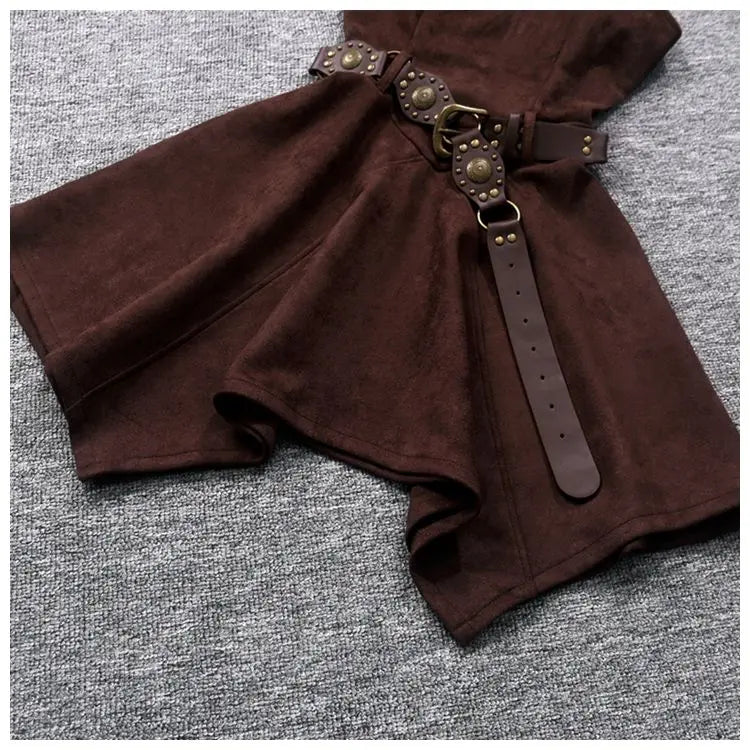Retro hot girl camisole irregular big swing skirt short leather jacket coffee color set two piece sets womens outifits dress