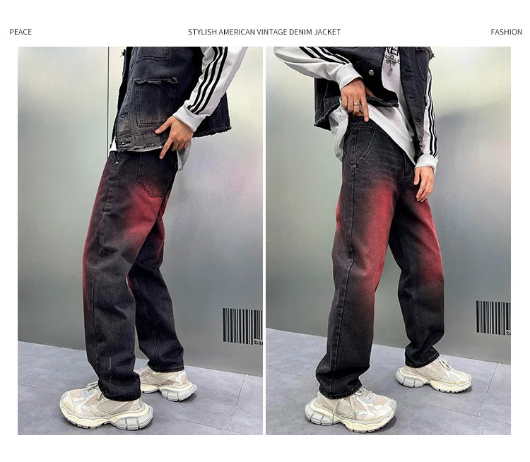 2024 spring autumn high street wide leg denim pants men render red loose straight jeans y2k fashion streetwear baggy trousers unique jeans style 4415