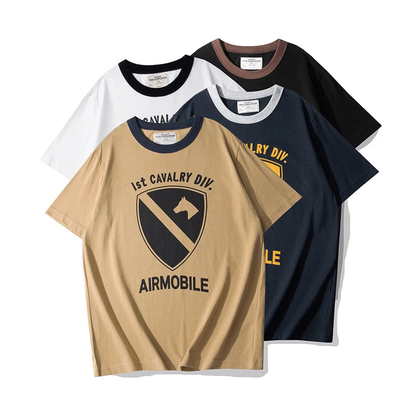 Summer Short Sleeved Men'S Military Retro Cavalry Division Letter Printing Casual Cotton Breathable Color Matching Round Neck