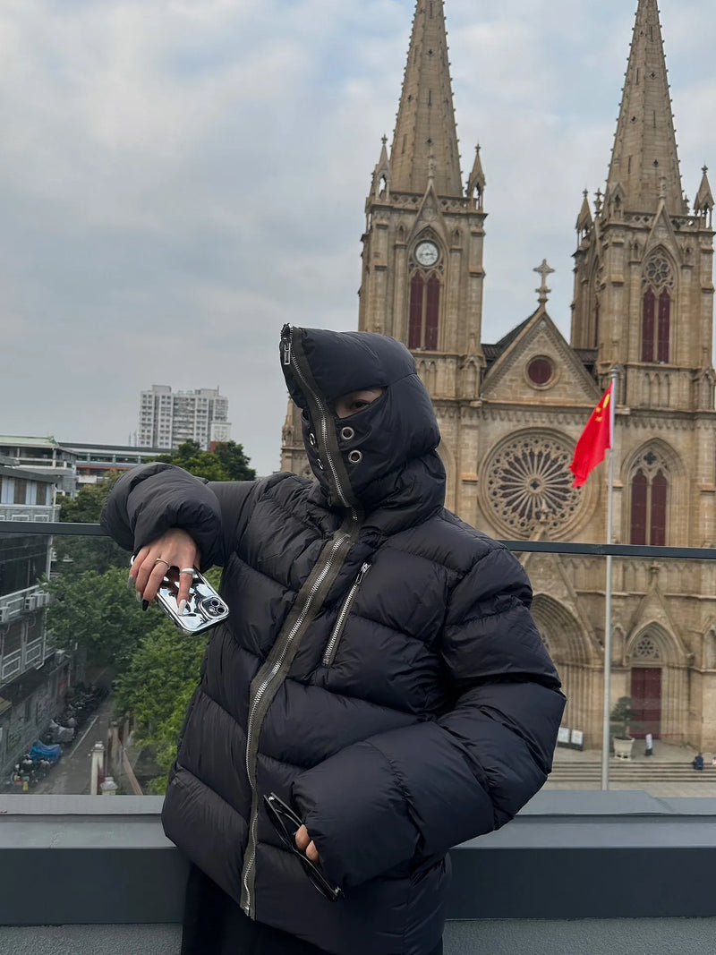 Winter Men's Down Jacket Coat Dark Style Shark Head Masked Zipper Goose Down Warm Regular Down Jacket Coat For Men And Women