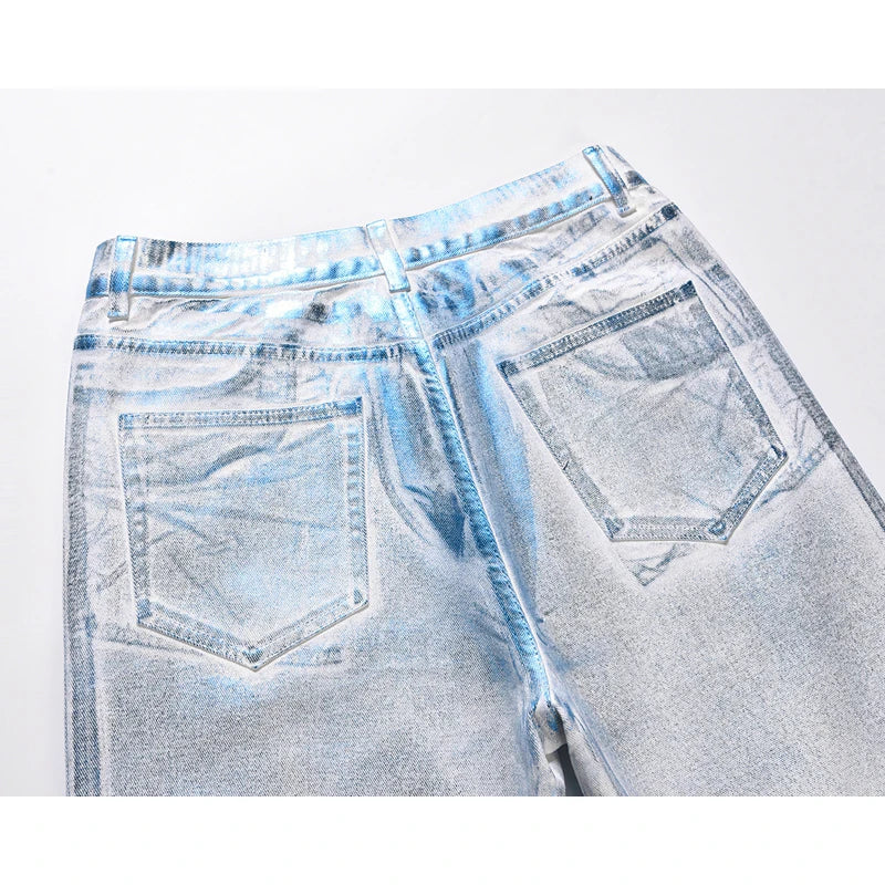 european and american retro blue reflective wax printing jeans pants slim splashing ink cleanfit couple straight leg jeans male unique jeans style 1109