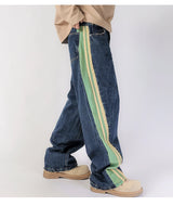 men streetwear fashion side splice hip hop loose casual wide leg straight baggy jeans pant cityboy jeans pants trousers unique jeans style 2615
