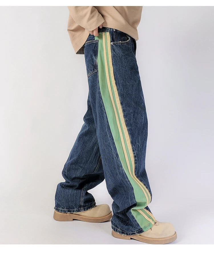 men streetwear fashion side splice hip hop loose casual wide leg straight baggy jeans pant cityboy jeans pants trousers unique jeans style 2615