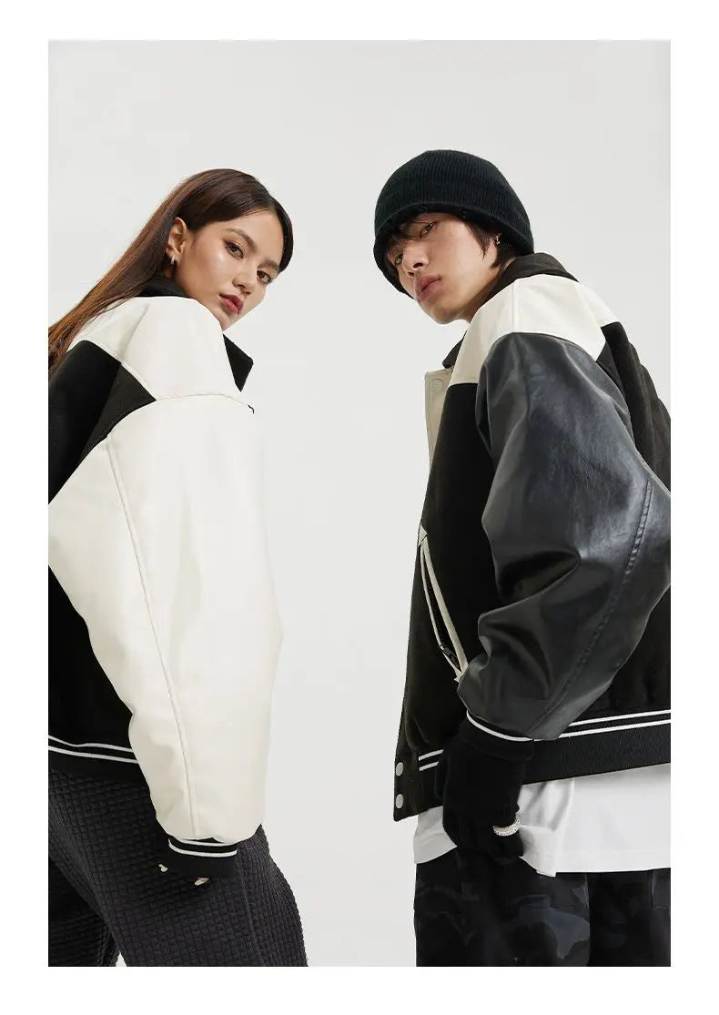 Korean Retro Street PU Leather Patchwork Baseball Jacket Men Autumn Trendy