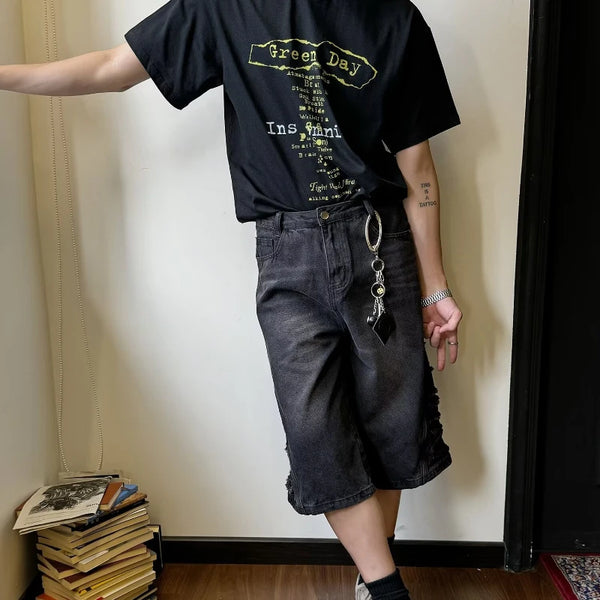 mens hip hop washed denim shorts broken hole folds burr edge street punk cowboy middle pants pockets bomber quarter pants y2k vintage washed jeans