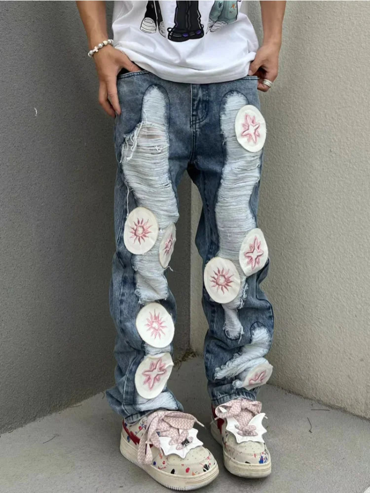 harajuku y2k stars embroidery patchwork ripped holes denim jeans casual straight jean pants mens hip hop streetwear jeans pants vintage washed jeans