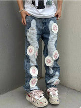 harajuku y2k stars embroidery patchwork ripped holes denim jeans casual straight jean pants mens hip hop streetwear jeans pants vintage washed jeans