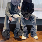 RO Style Gradient Washed Sashes Flare Jeans Unisex Streetwear Baggy Y2K Bell-bottoms Harajuku Loose Casual Denim Trousers