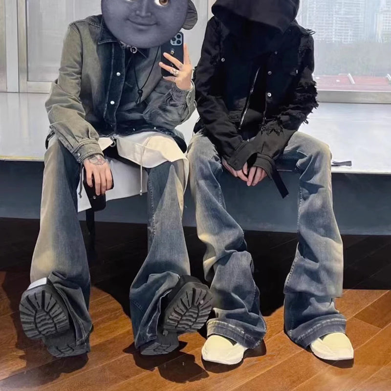 RO Style Gradient Washed Sashes Flare Jeans Unisex Streetwear Baggy Y2K Bell-bottoms Harajuku Loose Casual Denim Trousers