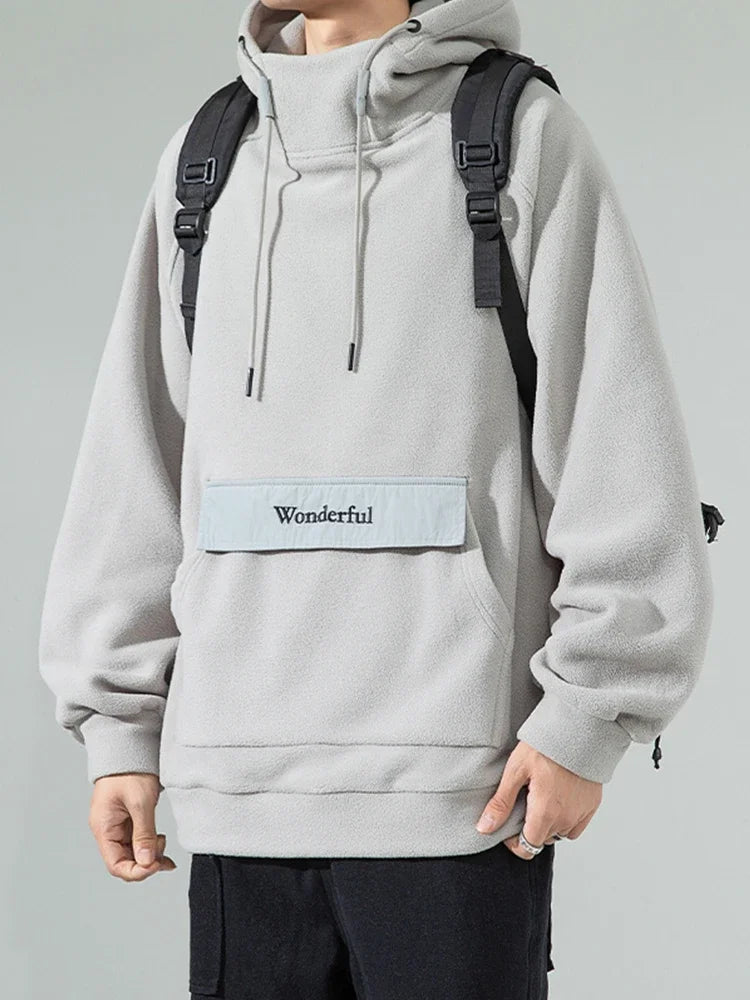 Autumn Polar Fleece Half Turtleneck Hoodies For Men Y2K Vintage Windproof Hooded Sweatshirts Casual Streetwear Pullover