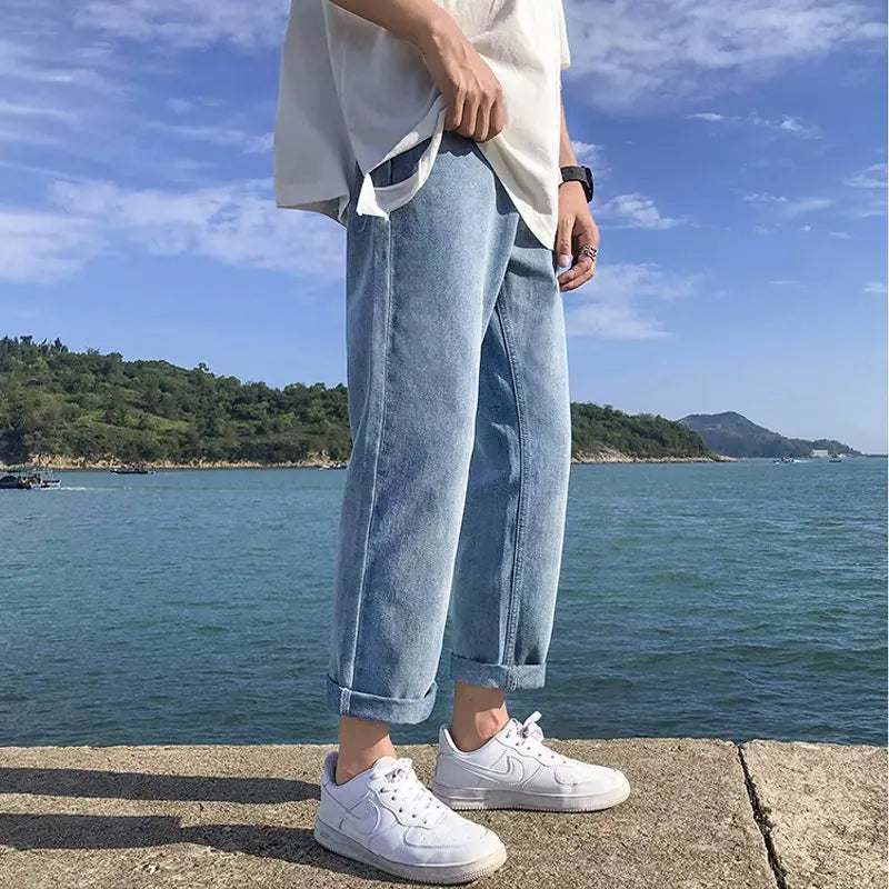 2023 summer jeans men loose straight korean style trendy comfortable casual all match student casual pants mens wide leg pants unique jeans style 4066