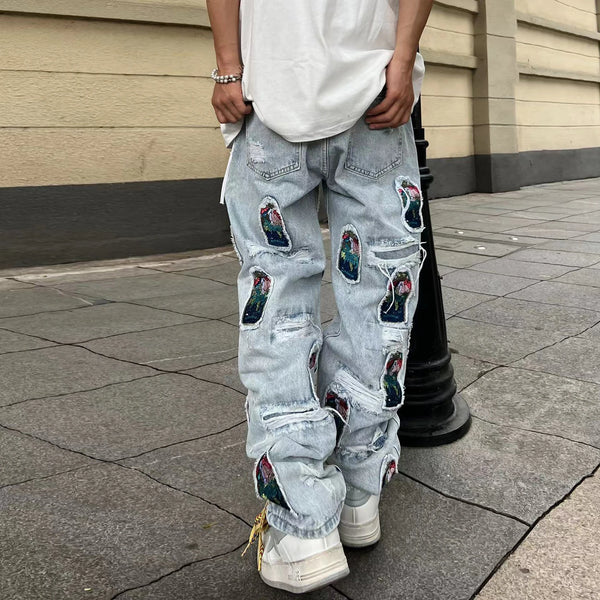 retro patch embroidered pleated jean for men street wear washed destroyed straight patchwork ripped jeans pants baggy hip hop urban skinny jeans