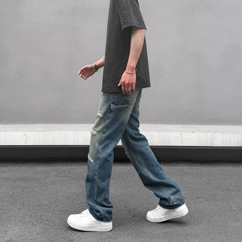 high street distressed black hole washed destroyed jeans casual ripped logging pants straight wide leg denim pants for men unique jeans style 91