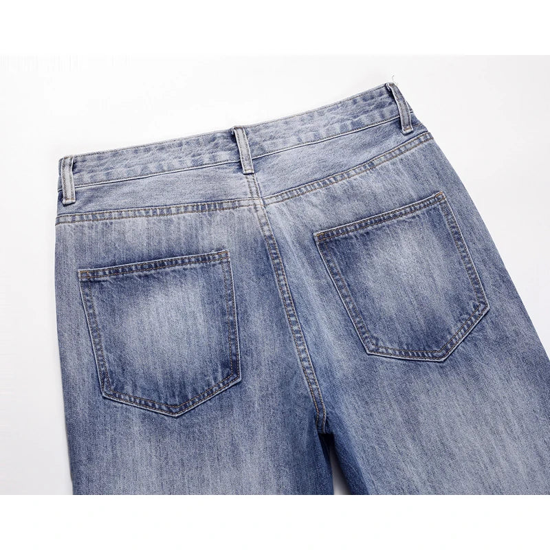american vintage trendy deconstructed ruffled denim jeans mens flared distressed jeans pants high street straight jeans for male denim street jeans