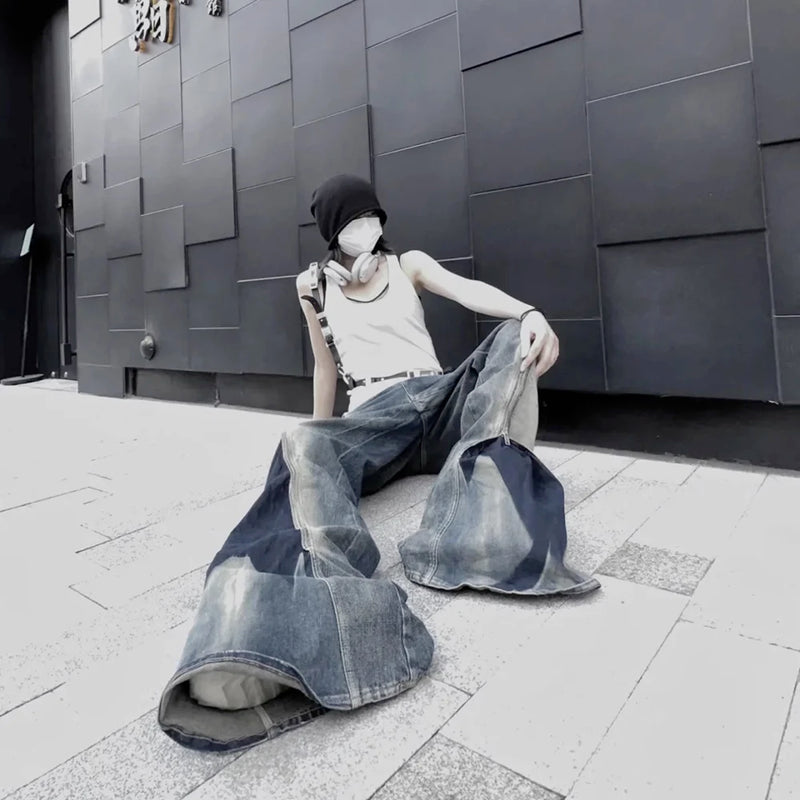 Ro Style Gradient Blue Horn Stacked Floor Dragging Jeans Unisex Streetwear Baggy Y2K Ribbons Zipper Denim Trousers Oversized