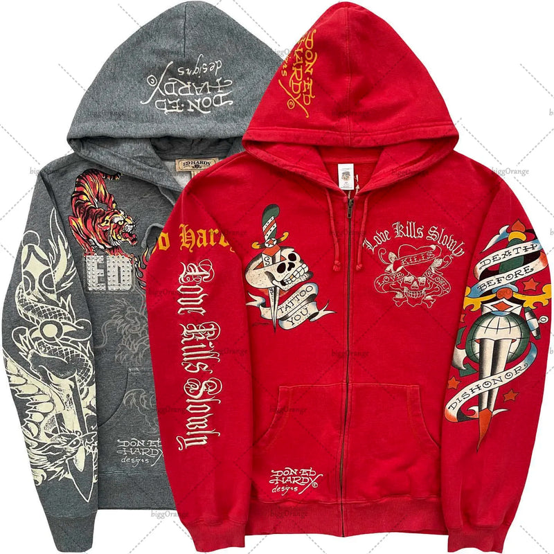 American Fashion Trend Pattern Print Zipper Hoodie Women Y2K New Stree
