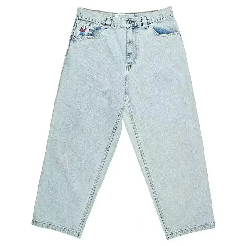 retro blue baggy jeans y2k pants hip hop cartoon streetwear polar big boy jeans embroidery mens womens high waist wide trouser stacked flare jeans