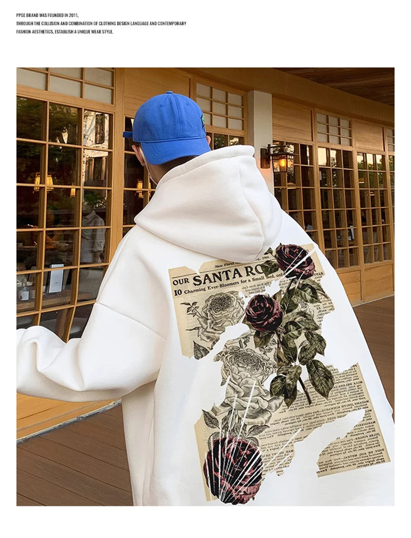 Y2K Vintage Rose Graphic Print Hoodies For Men Goth Fashion Streetwear Clothes Casual Fleece Hip Hop Loose Pullover Sweatshirts
