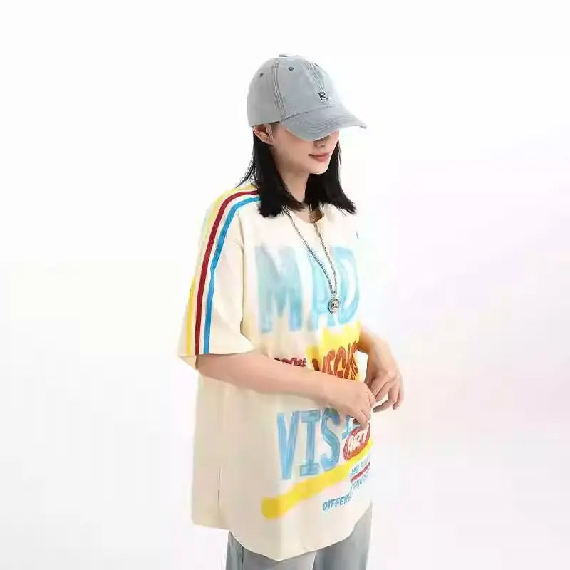 Skatercore Graphic tee – American Colored Striped Graffiti Letter Splicing Short Slee