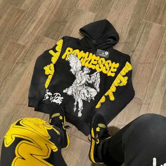 Retro Rock Punk Style Oversized Sweatshirt American Harajuku Colorful Letter Print Graphic Hoodie Men
