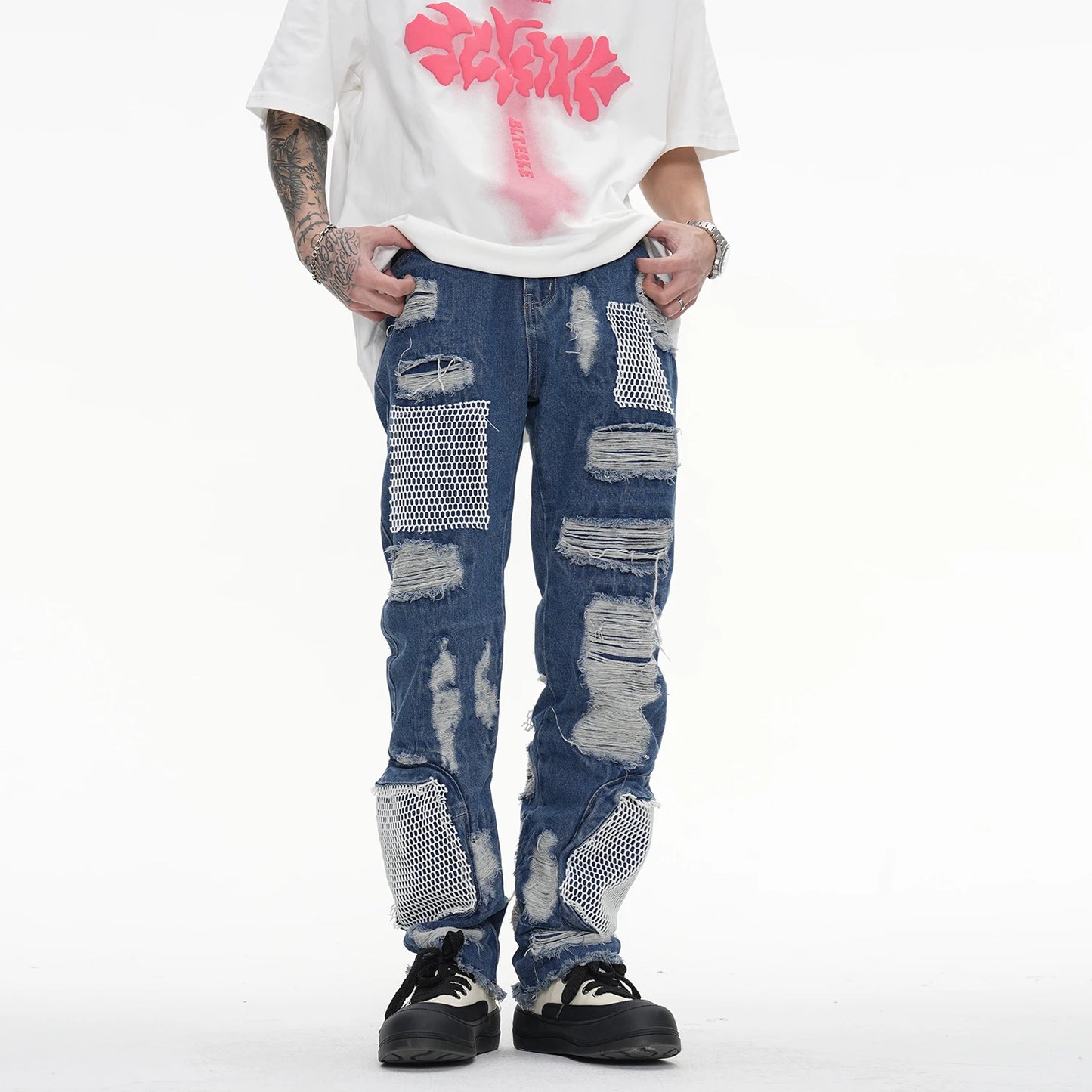 distressed skinny flared micro flare jean for mens mesh big destroyed ripped denim jeans hip hop biker jeans pants male ripped baggy denim