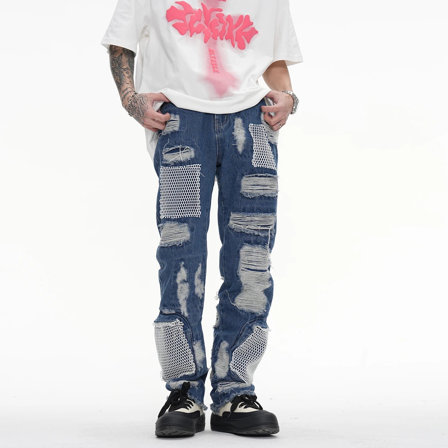 distressed skinny flared micro flare jean for mens mesh big destroyed ripped denim jeans hip hop biker jeans pants male ripped baggy denim