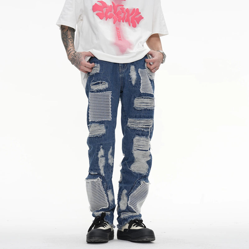 distressed skinny flared micro flare jean for mens mesh big destroyed ripped denim jeans hip hop biker jeans pants male ripped baggy denim