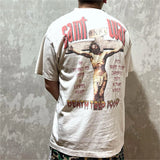 24SS New Vintage Retro Cross Printing Washed Distressed Short Sleeves T-Shirt Tops
