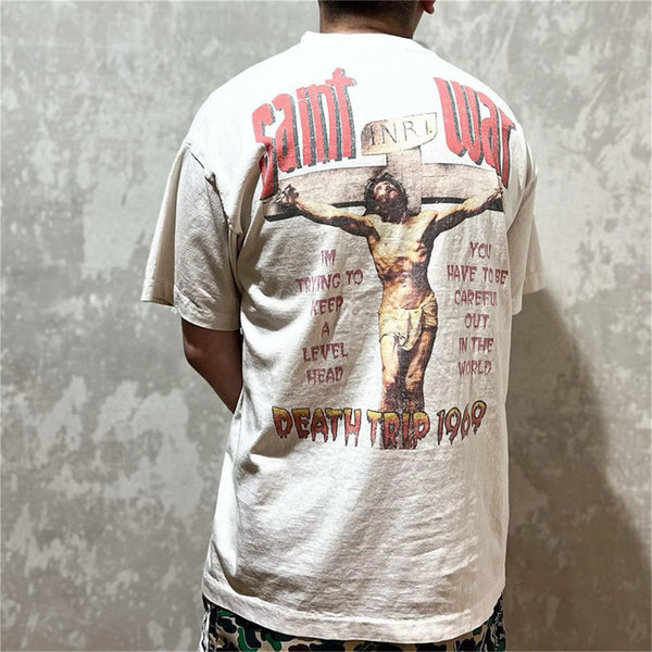 24SS New Vintage Retro Cross Printing Washed Distressed Short Sleeves T-Shirt Tops