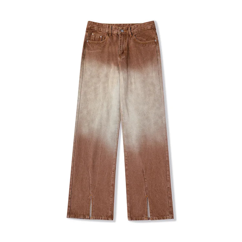 rainbowtouches mens washed jeans vintage high street gradient fashion trends zipper jeans loose straight long pant casual pants unique jeans style 3515