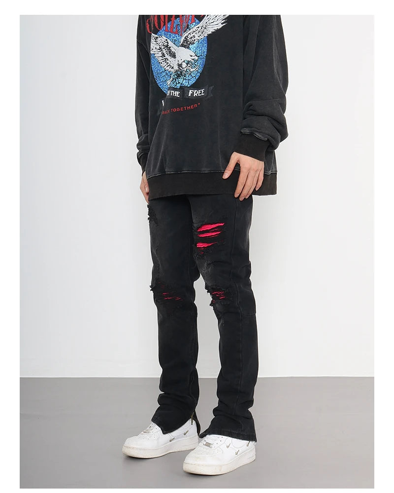 knee ripped patchwork jeans for men hip hop skinny biker taped jean trouser slim fit black denim pants fashion streetwear jogger unique joggers style 3016