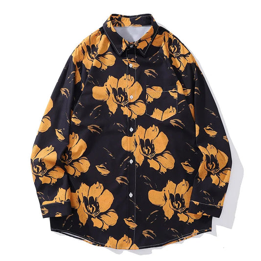 Urban Printed Button Shirt – Vintage Retro Mens Hit Color Flower Graphic Printed Hawaiian Shirts Vacation Style Lapel Long Sleeve Button Shirt Men And Women | Button Shirt Drop #443