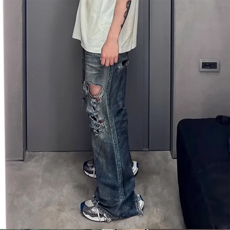 frayed damaged hole baggy wide leg jeans for men and women streetwear casual ropa hombre denim trousers oversized cargo pants unique cargo style 305