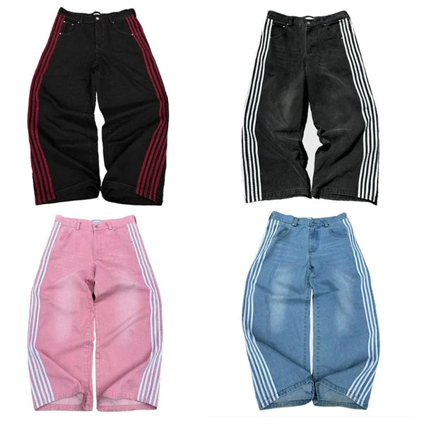 harajuku y2k baggy jeans high quality embroidered striped sweatpants men women hip hop streetwear casual wide leg denim pants casual joggers