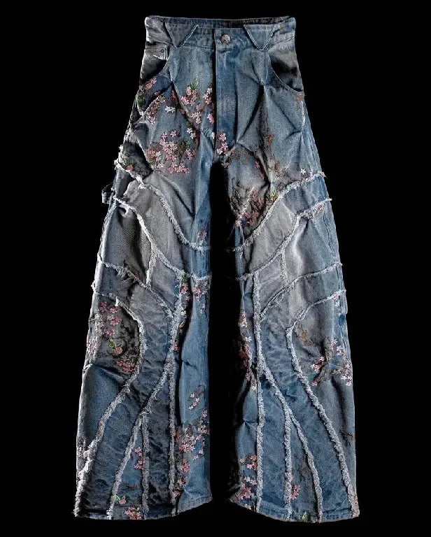 blue jeans for women y2k harajuku hip hop sakura embroidery retro patch heavy baggy jeans high waist wide leg trouser streetwear vintage washed jeans