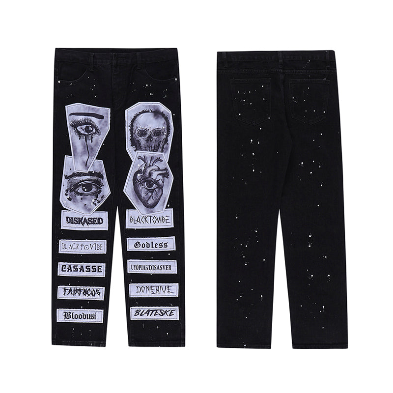 fashion skull graffiti patchwork denim jeans mens zipper jeans hip hop streetwear casual harajuku straight joggers jeans pants unique joggers style 1002