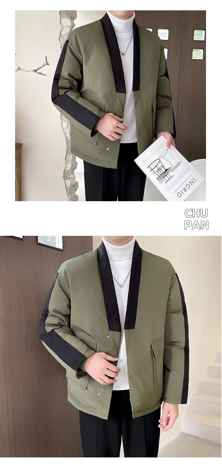2024 Winter Collarless Cotton-padded Jacket Men Japanese Korean Fashion Loose Casual Thicken Warm Parkas Jacket Cityboy Coat