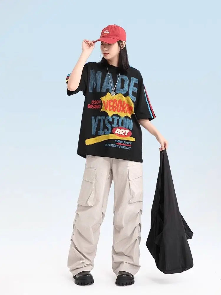 Skatercore Graphic tee – American Colored Striped Graffiti Letter Splicing Short Slee