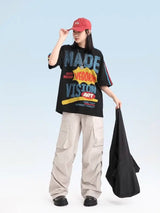 Skatercore Graphic tee – American Colored Striped Graffiti Letter Splicing Short Slee