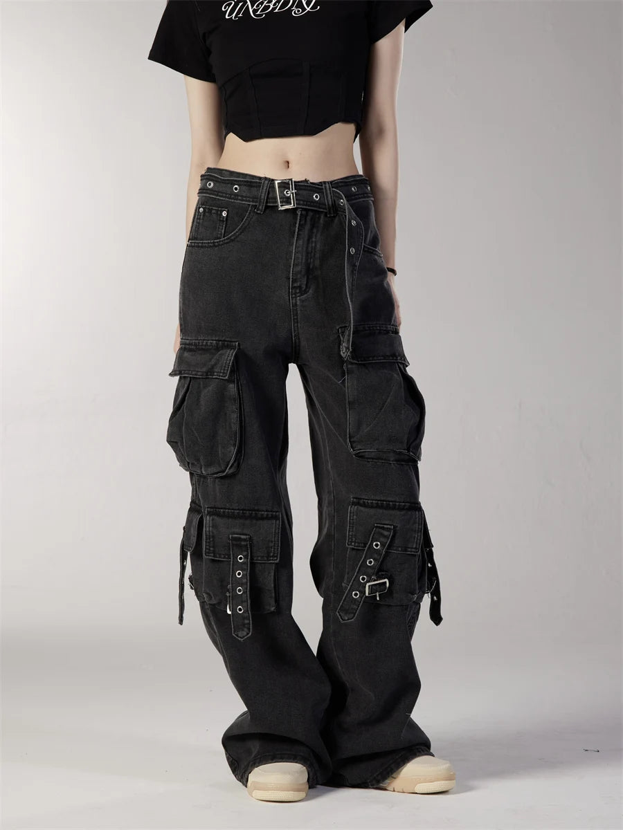 fashion loose streetwear cargo denim jeans unisex casual multi pocket straight jean pants with belt hip hop joggers baggy jeans unique joggers style 3715