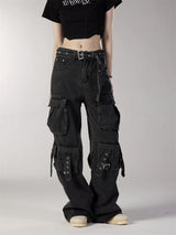 fashion loose streetwear cargo denim jeans unisex casual multi pocket straight jean pants with belt hip hop joggers baggy jeans unique joggers style 3715
