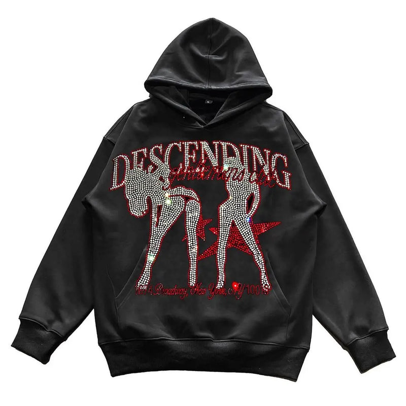 y2k vintage pullover hoodie long sleeve sweatshirt high street hip hop punk hot rhinestone glittery oversize clothes go school