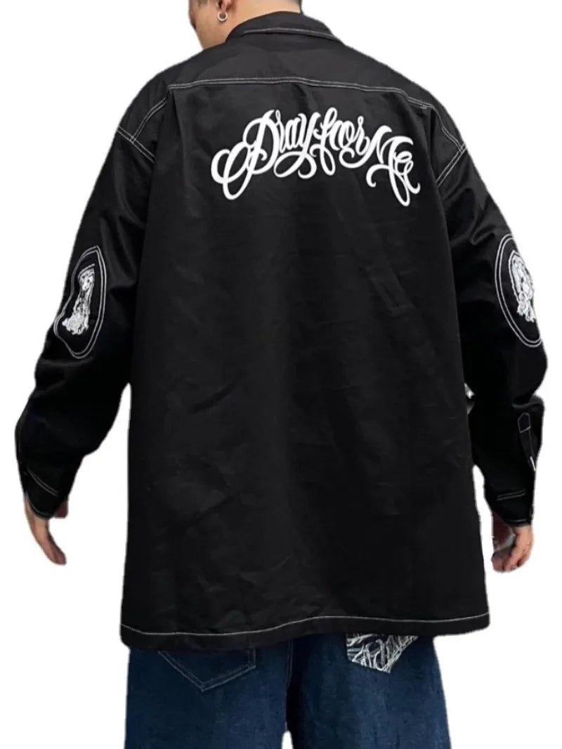 Hip Hop Shirts Harajuku Letter Printed New Casual Long Sleeve Single Breasted Shirts for Men High Street Loose Tops Cargo Shirt