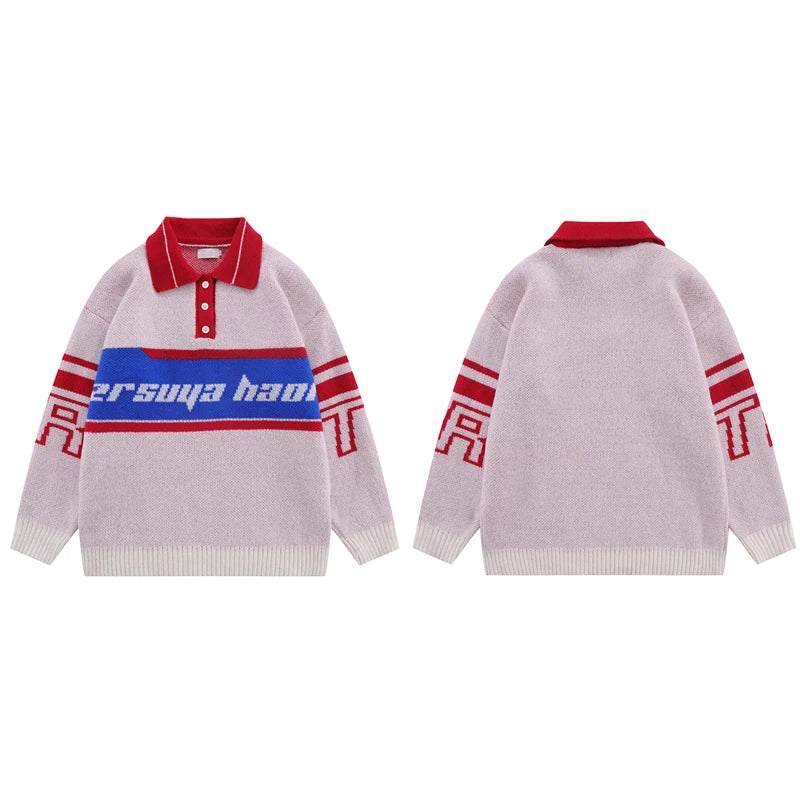 men knitted sweater jumper casual polo neck letter casual long sleeve streetwear hip hop autumn winter pullover knitwear sweater - vintage look oversized hoodie, urban fashion pullover, anime inspired graphic hoodie