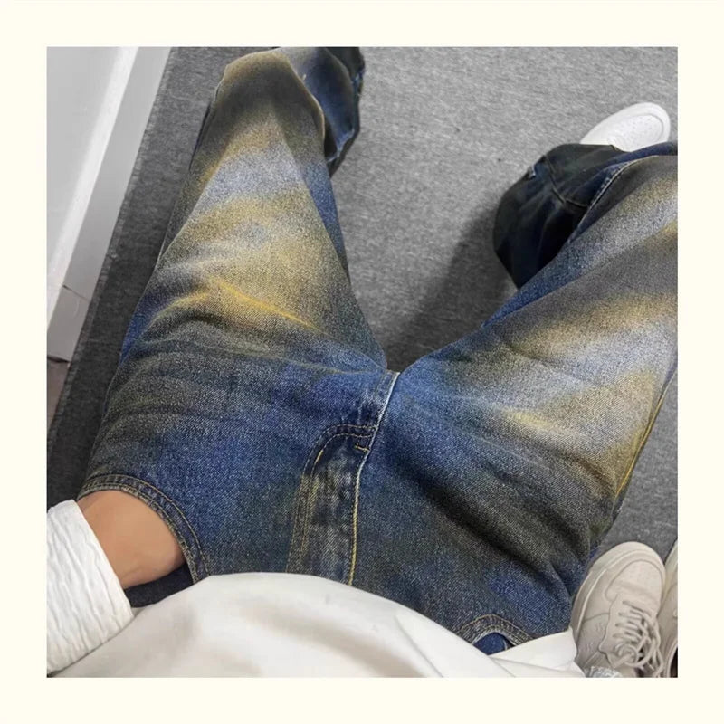 autumn hip hop graffiti painted baggy jeans mens y2l streetwear wide leg denim pants punk fashion distressed gradient jean unique jeans style 256