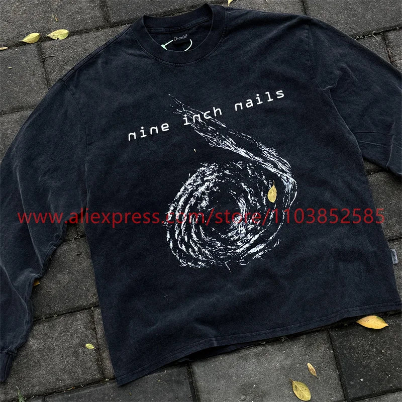 2024 Autumn Vintage American Long Sleeve Street Hip Hop West Coast High Street Heavy Weight High Quality Washed Print 100%Cotton