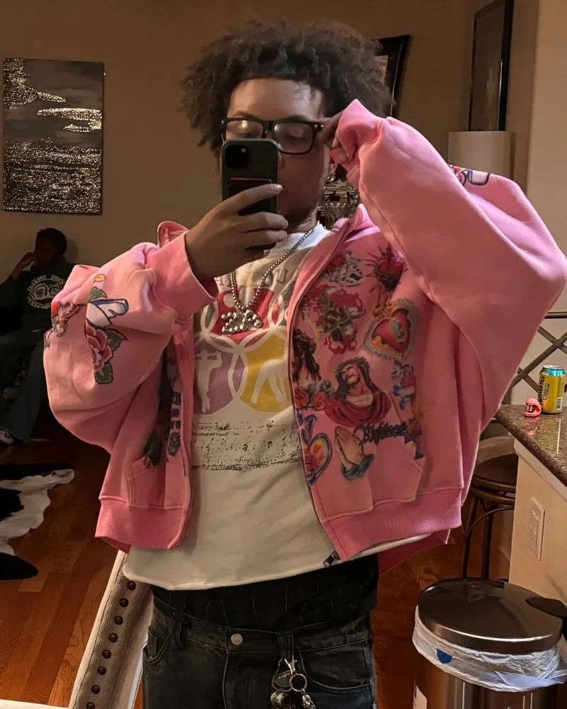 American Street Goth Harajuku Cartoon Print Oversized Sweatshirt Men Y