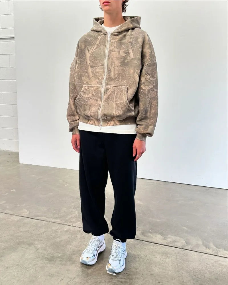 American High Street Fashion Casual Hoodie Men Y2K Harajuku Retro Soli